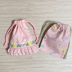 ミニ巾着 小物入れ 2枚セット ☆ ハンドメイド ドット リボン ピンク
