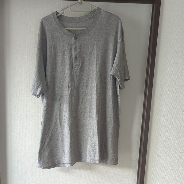 メンズ グレー 半袖Tシャツ ヘンリーネック XL