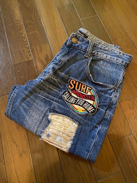 美品デニムジーンズショートハーフパンツダメージクラッシュサーフペイントワッペングランジサーフサーファーギャル男お兄系