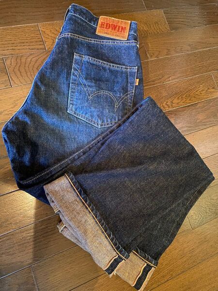レア美品90's日本製vintageデニムジーンズパンツEDWIN505ボタンフライ赤耳ワイドストレート本革パッチチェーンステッチ