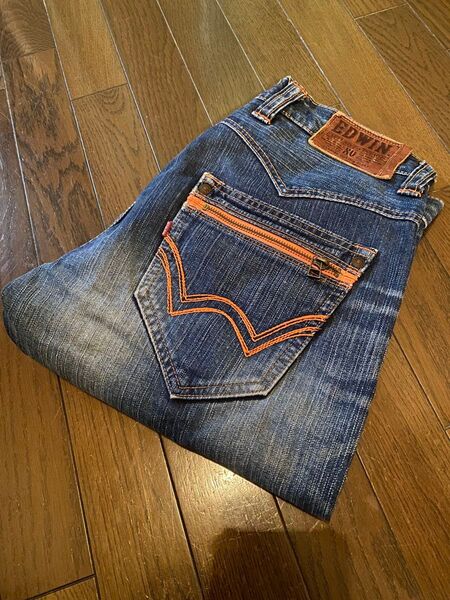 激渋良好EDWINデニムジーンズショートハーフパンツワークカーゴペインターvintageデニムダメージ加工インディゴXV本革パッチ