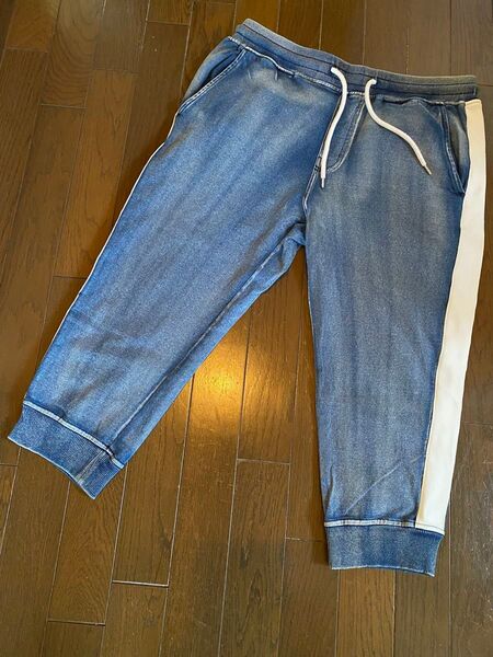 美品スウェットジャージデニムジーンズクロップドパンツストレッチインディゴベイカーブッシュワークカーゴペインタ-washサイドライン