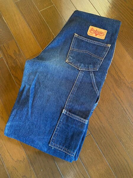 希少レア70〜80年bobsonオーバーオールインワンサロペットvintage日本製デニム濃紺インディゴジーンズパンツ32ジーパン