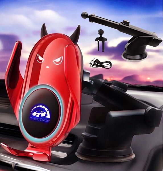 車載 スマホホルダー ワイヤレス充電 自動開閉 360度回転 急速充電 レッド