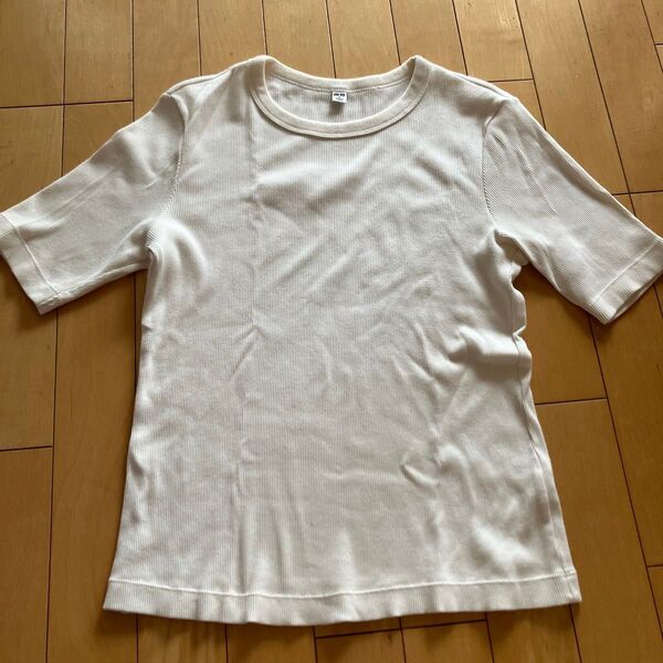 訳ありUNIQLO リブクルーネックTシャツ 5分袖 M