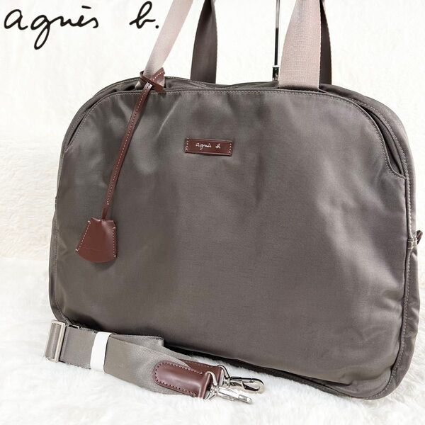 【未使用級】agnes b. アニエスベー ボストンバッグ 2way ショルダー 南京錠 鍵付き ナイロン レザー グレージュ