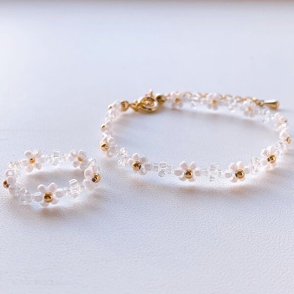 No.579【ハンドメイド】ビーズブレスレット,リングセット