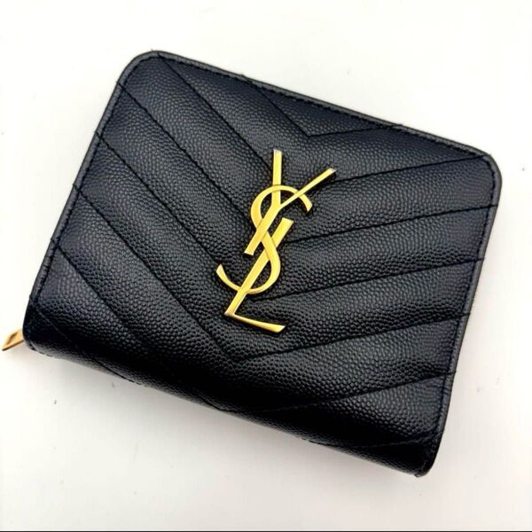 極美 サンローラン 二つ折り財布 YSL カサンドラ キャビアスキン ブラック