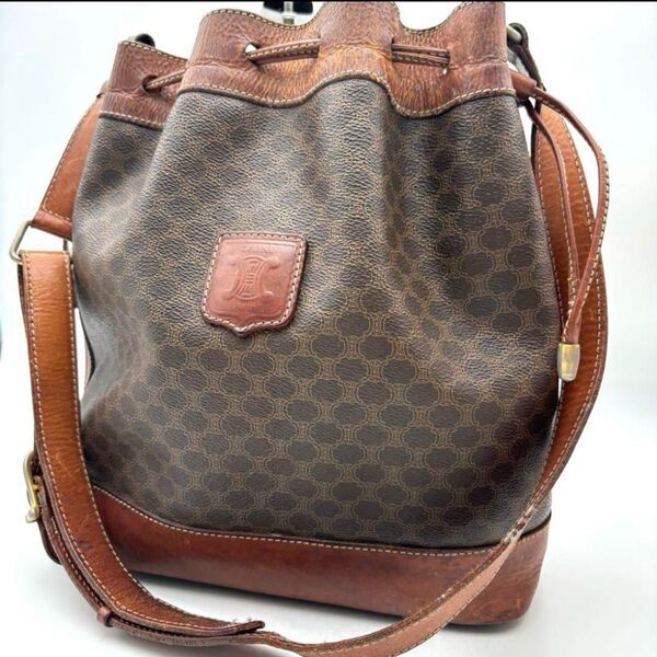 セリーヌ 巾着 ショルダーバッグ マカダム柄 PVCレザー Celine
