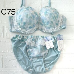 Pan Cute ブラジャー&ショーツセット C75/L ブルー系 新品 フリルレースチャーム付 ブラショーツセット