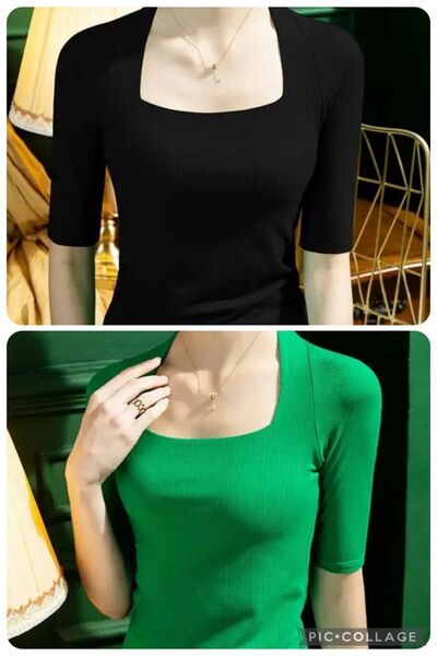2枚セット女性用半袖Tシャツ,レトロスタイル,スクエアカラー ブラック グリーンタグ付き トップス ブラック 黒 カットソー