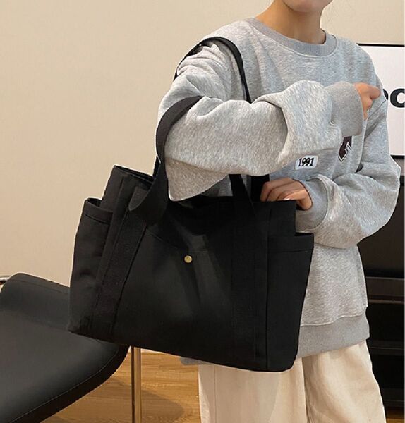 キャンバス トートバッグ トート ショルダーバッグ シンプルバッグ 大容量 エコ 肩掛け ハンドバッグ 黒 通勤