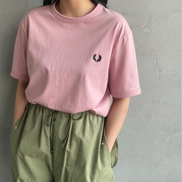 FRED PERRY ワンポイントロゴ刺繍 リンガーTシャツ ピンク L