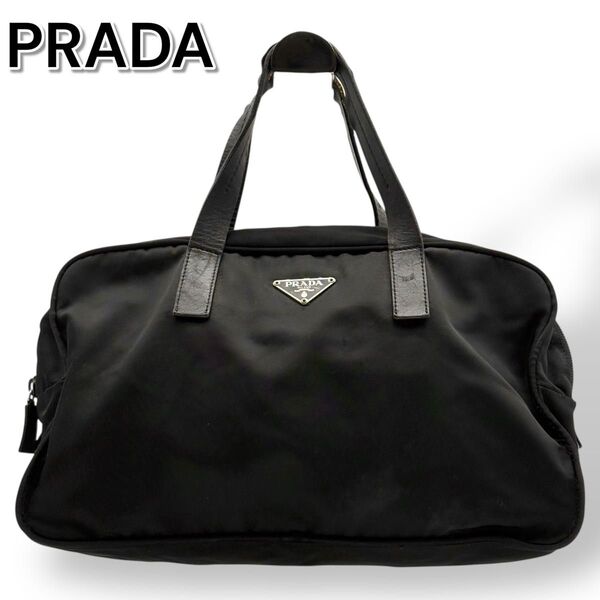 PRADA プラダ ミニボストンバッグ ハンドバッグ ブラック 黒 ナイロン テスート レザー 三角ロゴプレート