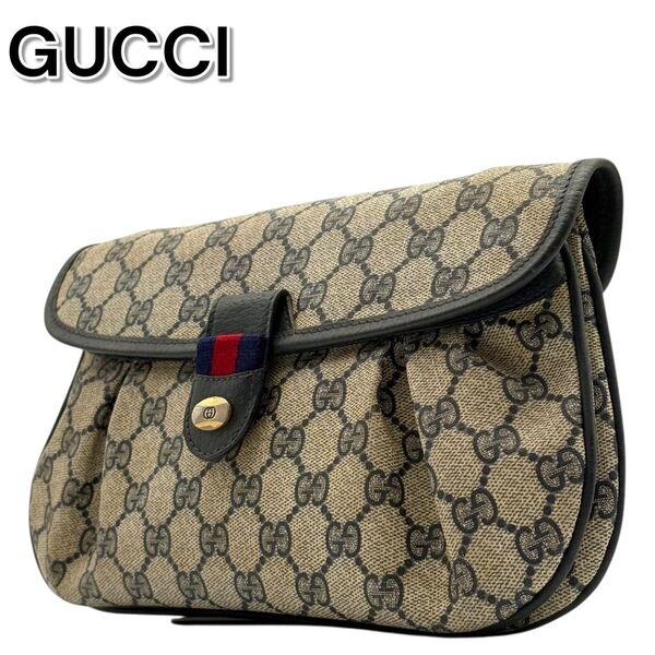 【希少】GUCCI オールドグッチ クラッチバッグ GGスプリーム シェリーライン ネイビー ヴィンテージ PVC レザー