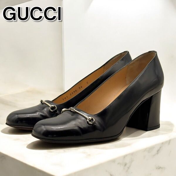 美品 GUCCI グッチ パンプス ホースビット ヒール 黒 レザー EU36 ブラック イタリア製