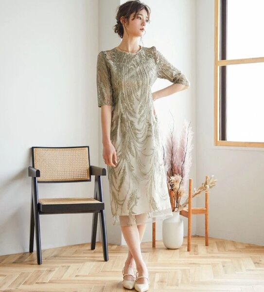 niana 刺繍レースバックリボンタイトパーティードレス 結婚式 オケージョン М
