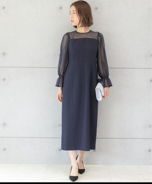 【美品】 PREFERIR ドレス シアー ボリューム袖ワンピース 結婚式 オケージョン L