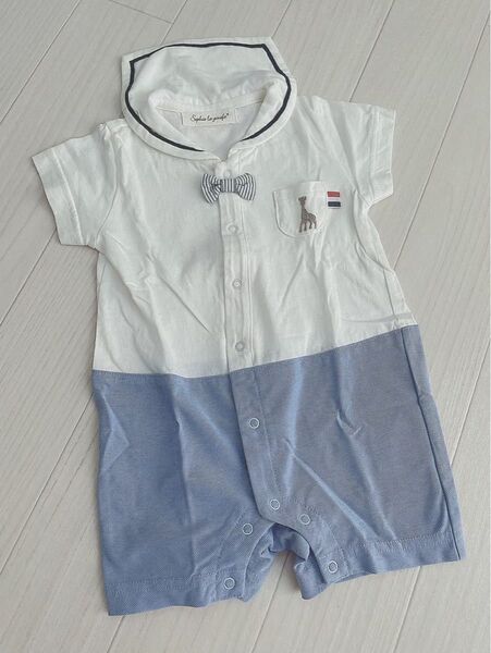 プティマイン ボウタイ付きロンパース ホワイトブルー ベビー服