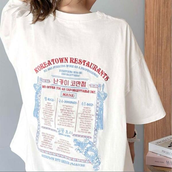 新品Java バック刺繍デザインオーバーサイズ半袖TシャツレディースMサイズ白 白 Tシャツ ホワイト 半袖Tシャツ 半袖アメカジ