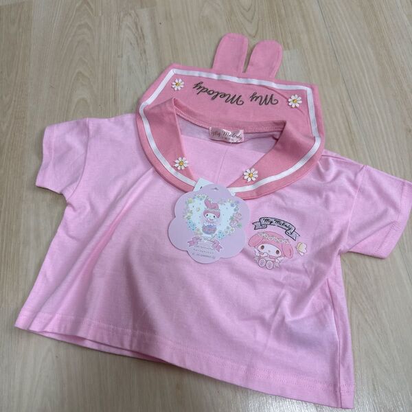 新品マイメロ セーラー襟半袖カットソー Tシャツ ベビー90cm女の子耳付き 半袖Tシャツ