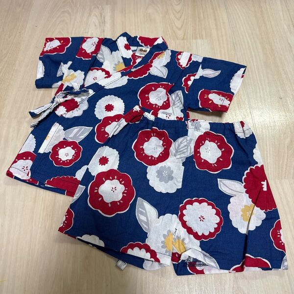 ベビー用甚平 女の子80cm ネイビー系うめ柄ショートパンツ上下セット 甚平 女の子 浴衣 上下セット 綿100