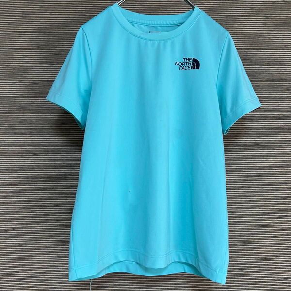 ノースフェイス 半袖ドライTシャツ 速乾 子供120 ミントグリーン キッズ ワンポイントロゴ 肩ロゴ デカロゴ 古着 F1