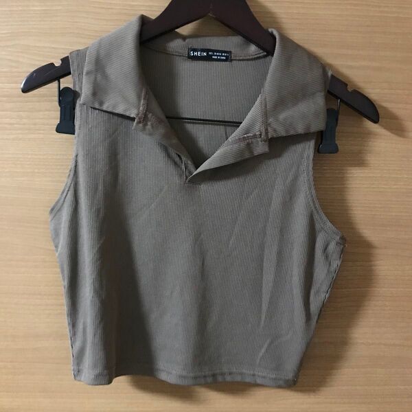 ノースリーブ トップス ポロシャツ タンクトップ カットソー ブラウン 茶色 L クロップド ショート丈