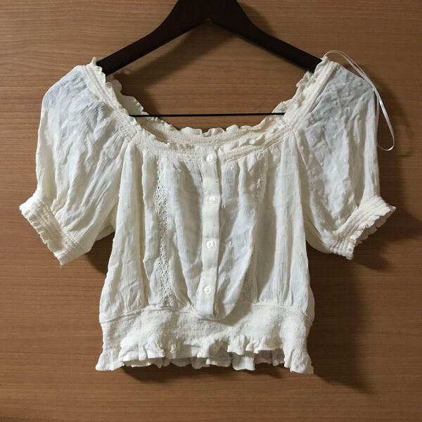 白 カットソー ブラウス ホワイト Tシャツ オフショル ボタン クロップド ショート丈 トップス L