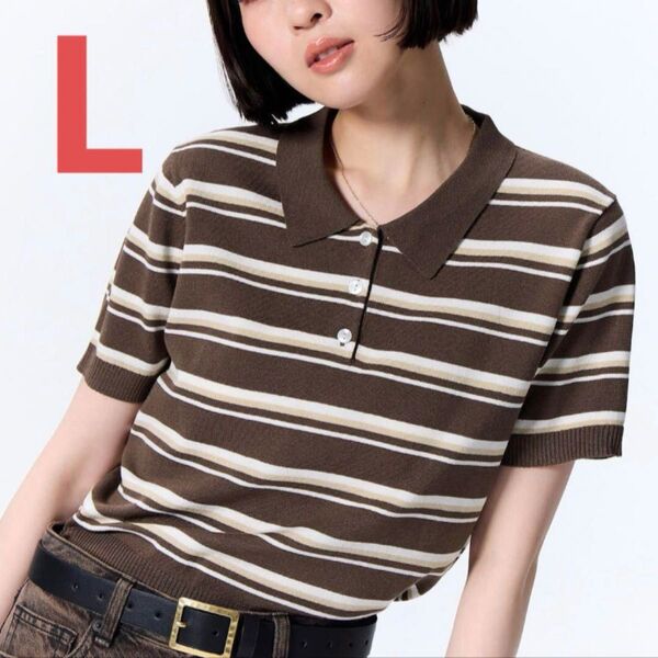 Tシャツ カットソー ボーダー 半袖Tシャツ ポロシャツ マルチボーダーポロセーター L ブラウン GU ジーユー