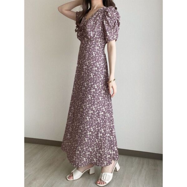 GRL グレイル 花柄バックレースアップフレアワンピース パープル M