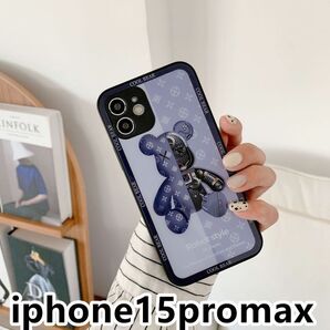 iphone15promaxケース 熊 ガラス 軽量 耐衝撃ブルー128