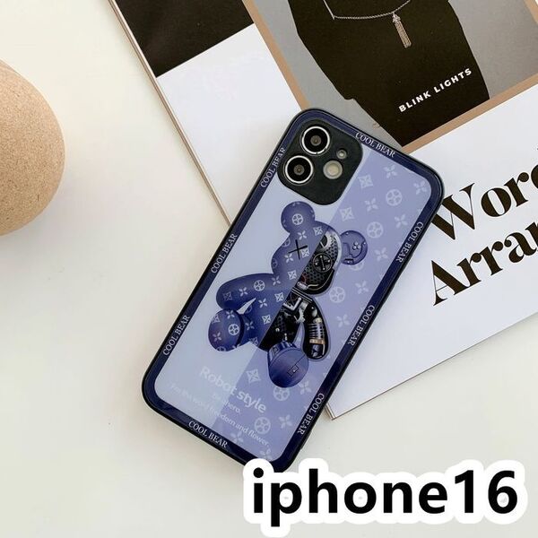 iphone16ケース 可愛い 熊 ガラス 軽量 ブルー492