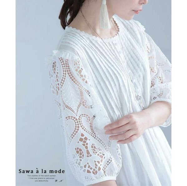 sawa a la mode ふんわり袖レースコットンブラウス ホワイト白七分袖 半袖ブラウス any