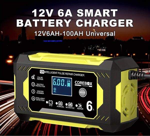 12v-6Aバッテリー充電器/LEDデジタルディスプレイ/チャージャー/修復機 パルスバッテリー充電器 バッテリーチャージャー