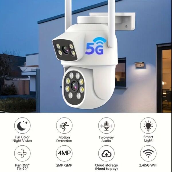 IP65防水仕様 4MPデュアルレンズ2.4G/5G防犯カメラ 防犯カメラ PTZ 車両盗難空き巣や強盗対策に