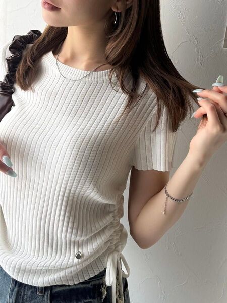 mily bilet サマーリブトップス Lサイズ リブニット トップス 半袖 ホワイト