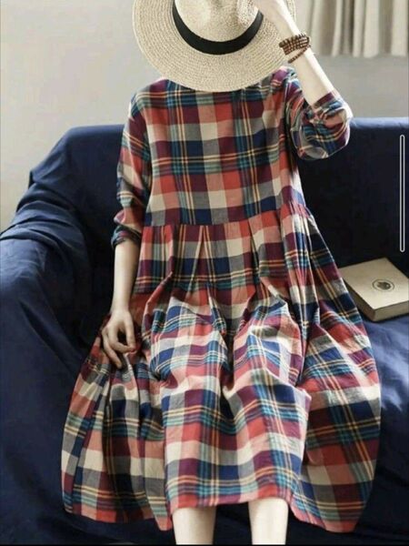 ロングワンピース ネル素材 チェック柄 タータンチェック 長袖 ゆったり