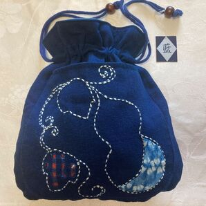 藍染 巾着袋 手刺繍