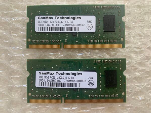 SanMaxノートパソコン DDR3メモリー 4GB 1R×8 PC3L-12800S-11-12-B3 2個セット 合計8GB