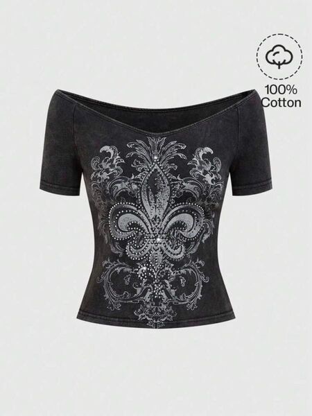 【中古】SHEIN ROMWE オフショルダーTシャツ L(JP-2XL) 黒 ブラック Y2K グランジ 平成ギャル