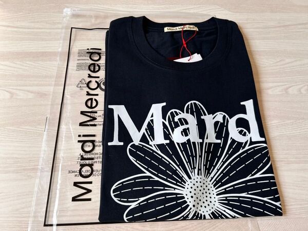 新品 マルディメクルディ Mardi Mercredi 花柄Tシャツ 半袖 紺色×ホワイト