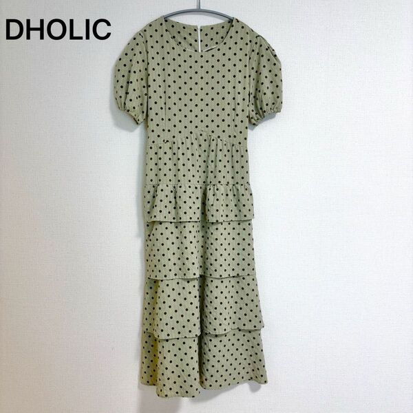 DHOLIC ディーホリック ワンピース ドット ティアード フリル パフスリーブ