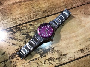 AK632 excellent degree rare FOSSIL Fossil Date silver × purple AM-4310 original SS breath quarts lady's wristwatch 