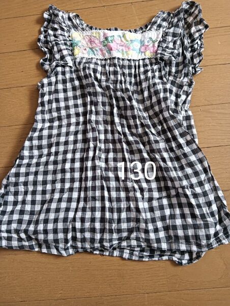 カットソー ノースリーブ 130 トップス チェック 黒 白 花 果物 チェリー いちご ビーズ 半袖Tシャツ フルーツ