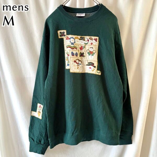 90s スウェット トレーナー グリーン 長袖 ヘビーウエイトフリース M プルオーバー 古着