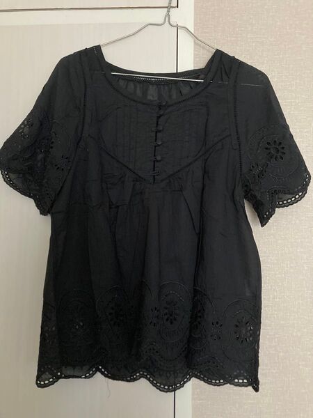JEANASIS ジーナシス 半袖 カットソー ブラウス スカラップ レース 黒 トップス