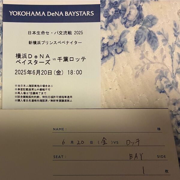 横浜DeNAベイスターズ VS 千葉ロッテマリーンズ 観戦チケット 1枚