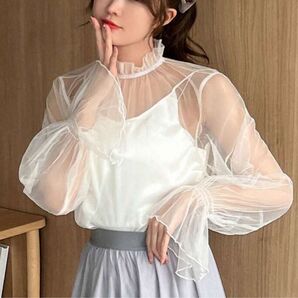SHEIN FRIFUL レディース ブラウス 長袖 フリル装飾 シースルー