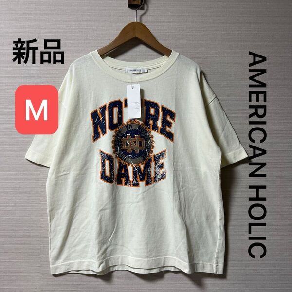 新品 タグ付き アメリカンホリック ロゴピグメントTシャツ アイボリー サイズM 綿100%